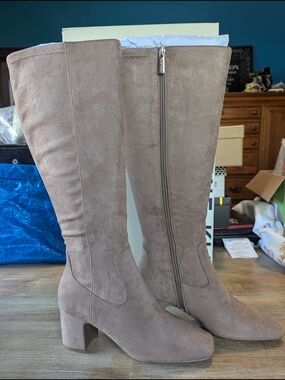 Anne Klein Taupe Suede Block Heel Boots